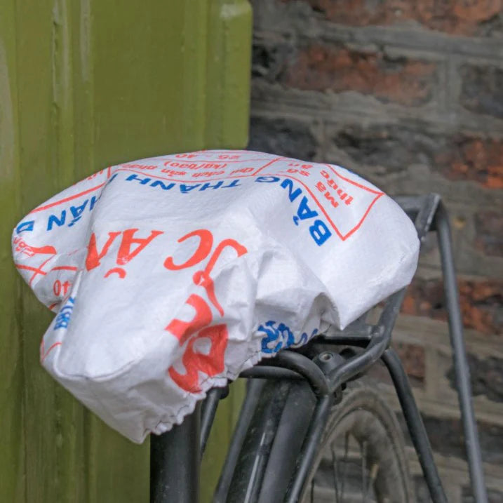 Recycled cement bag bike seat cover