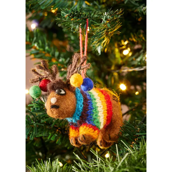 Felt Reindeer in Rainbow Jumper Decoration