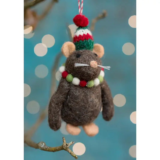 Brown Felt Mouse in a Christmas Hat