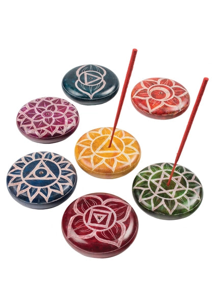 Chakra Carved Round Soapstone Incense Holder Pebble