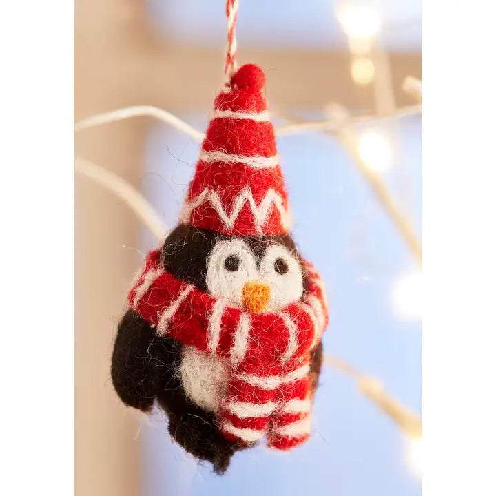 Felt Penguin With Stripe Hat & Scarf Decoration