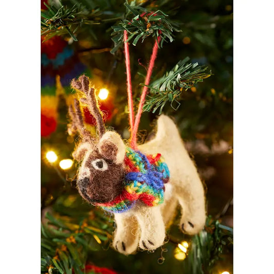 Felt Pug in Antlers with Rainbow Scarf Decoration