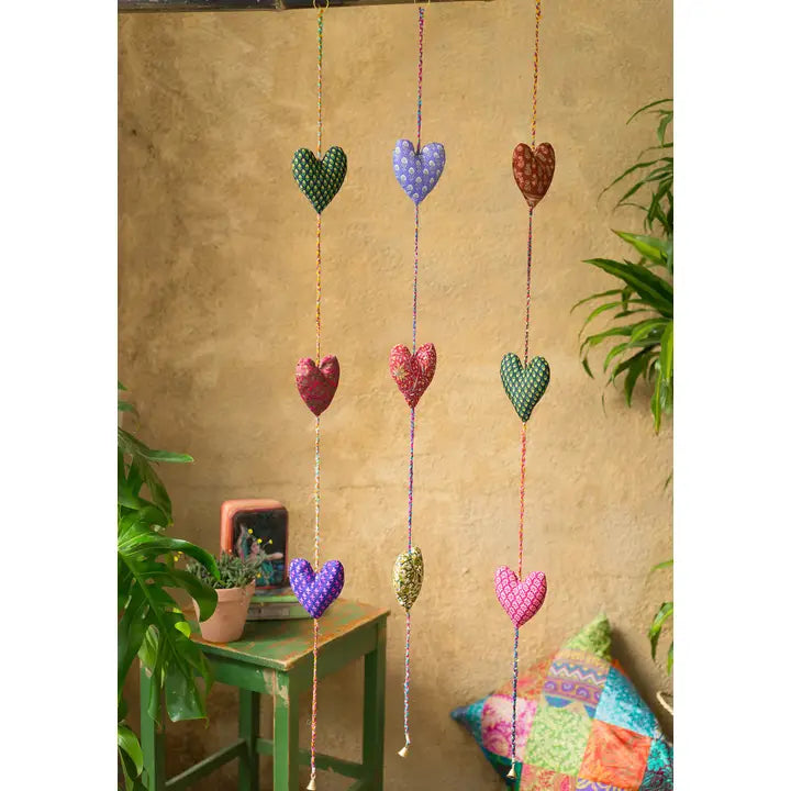 Hanging Recycled Sari String 3 Hearts